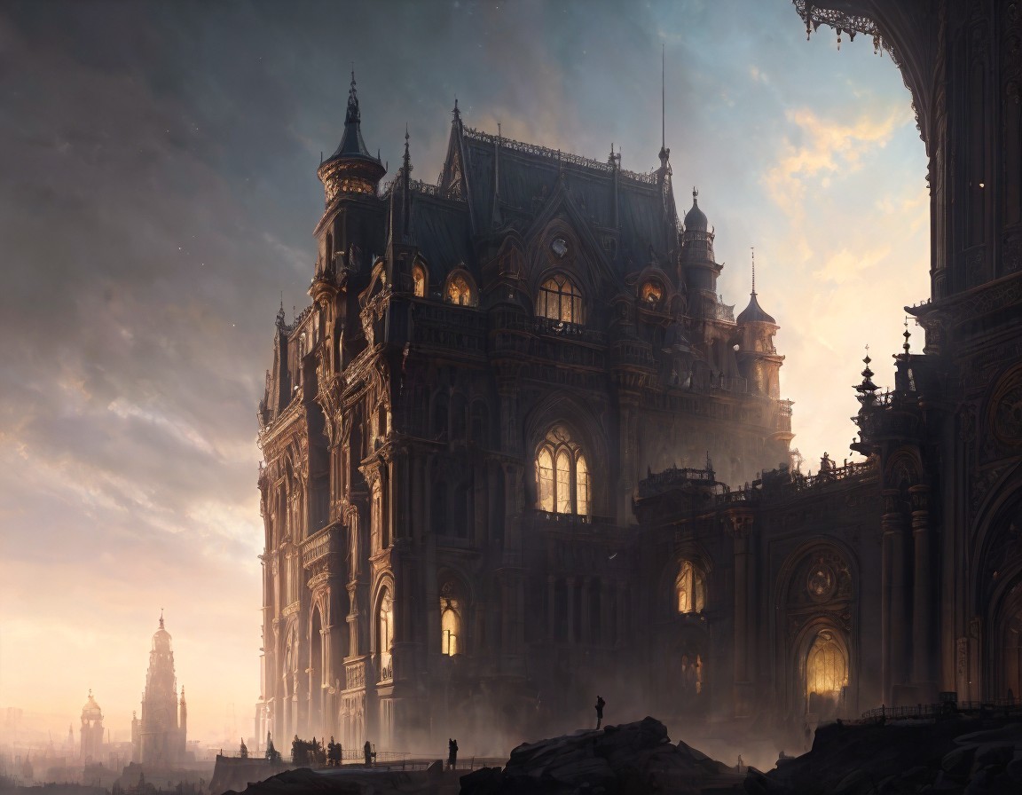 Gothic Palace with Towering Spires and Ethereal Glow