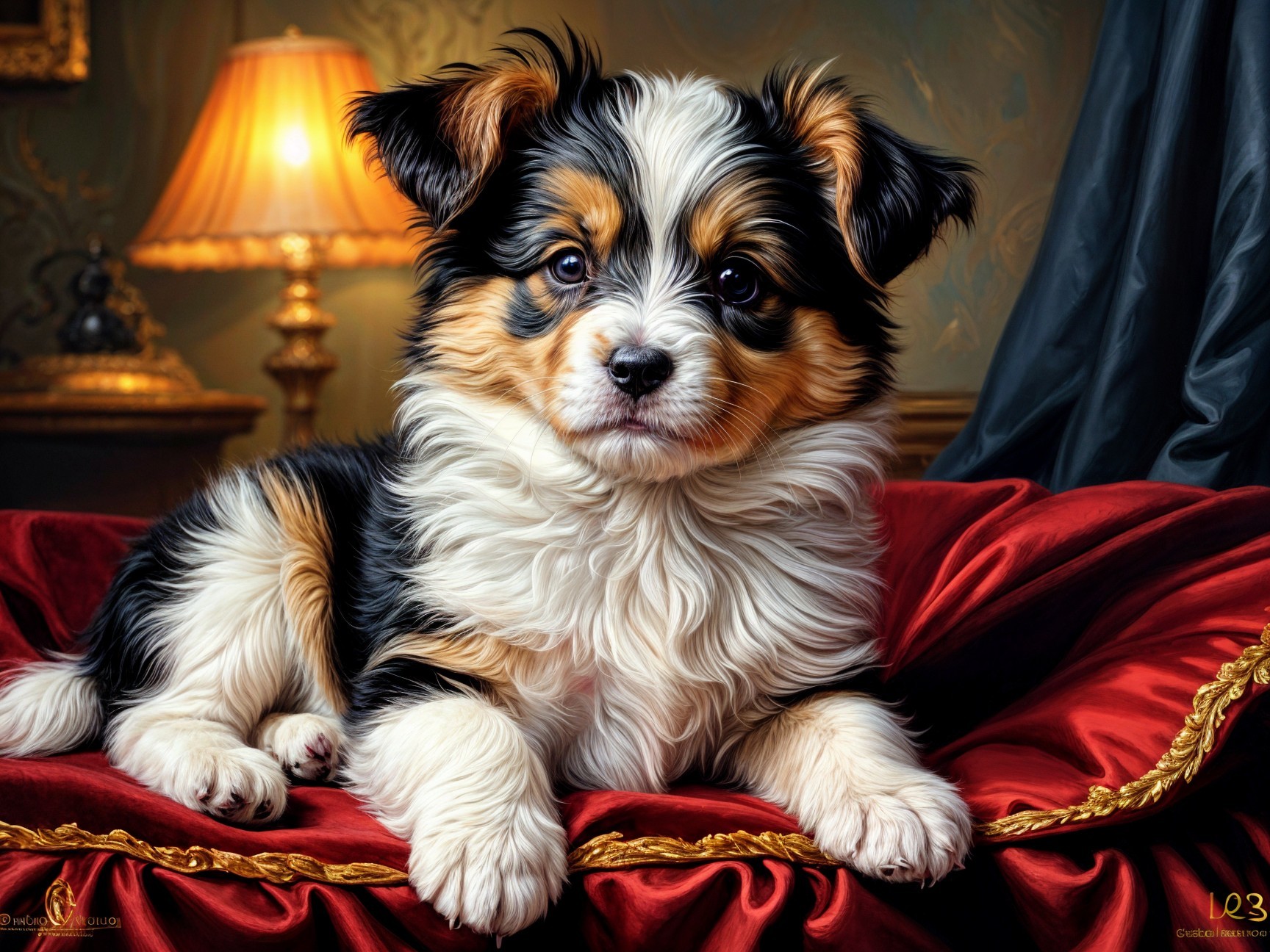 Fluffy Tri-Color Puppy on Plush Red Cushion