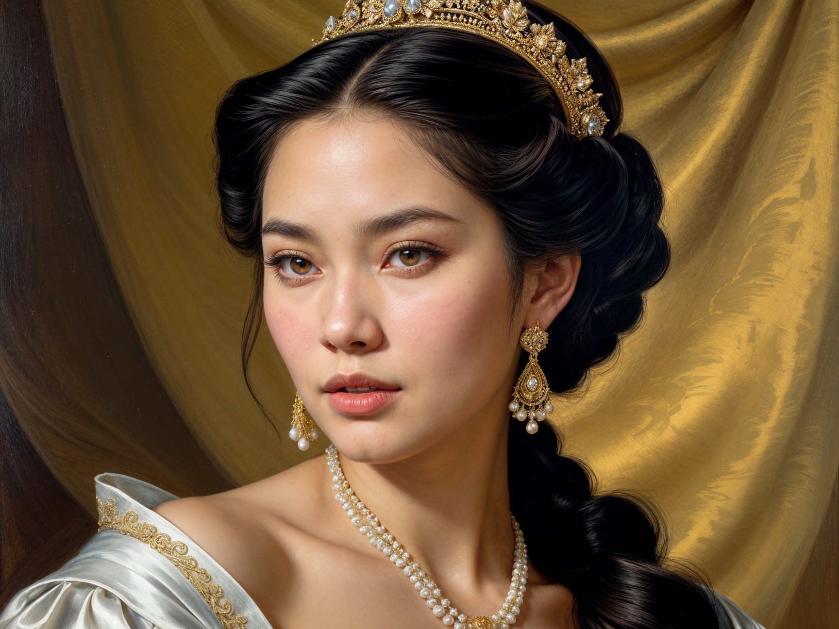 Young Woman in Elegant Attire with Golden Crown