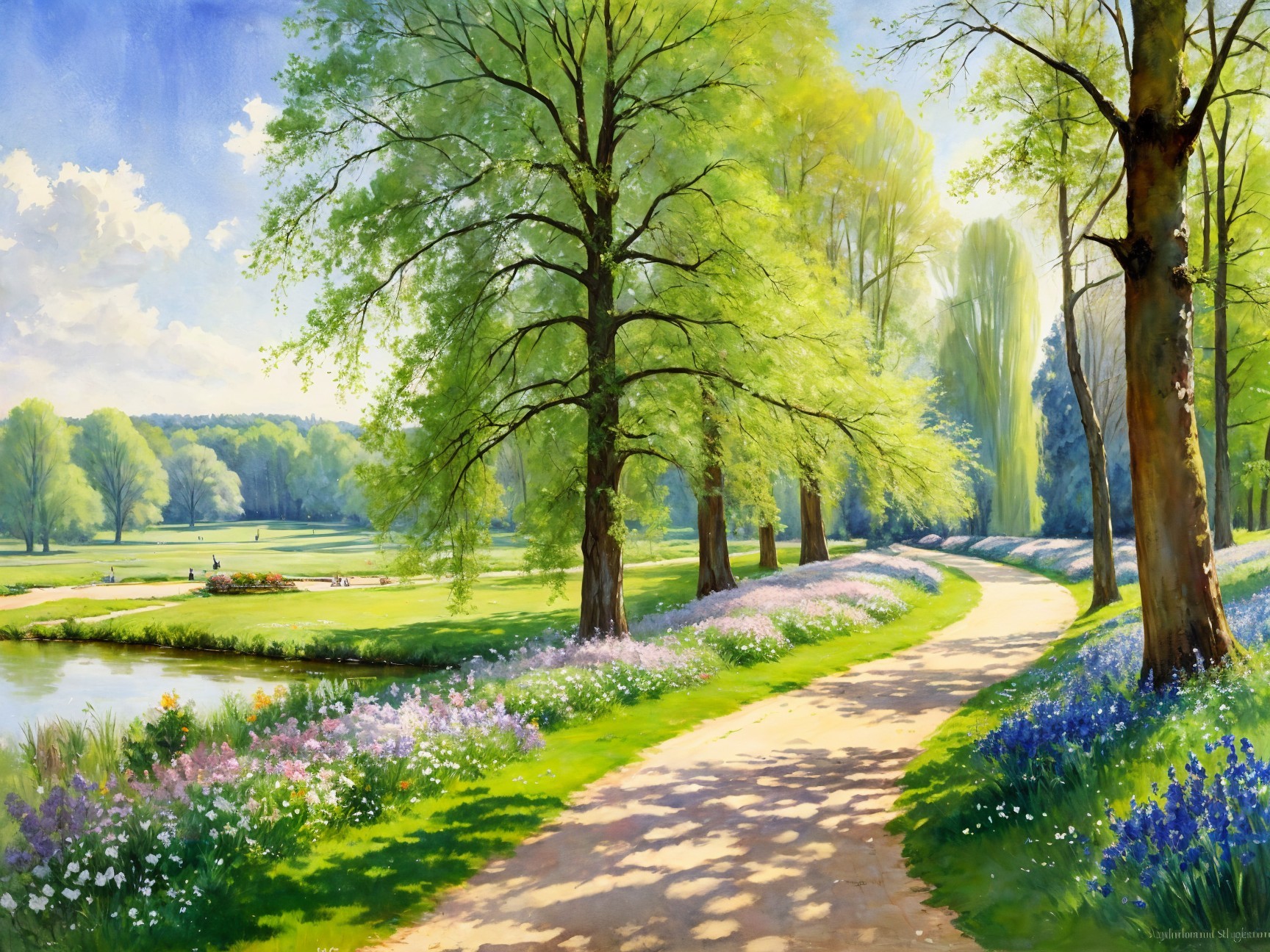 Serene park scene with pathway, flowers, and water