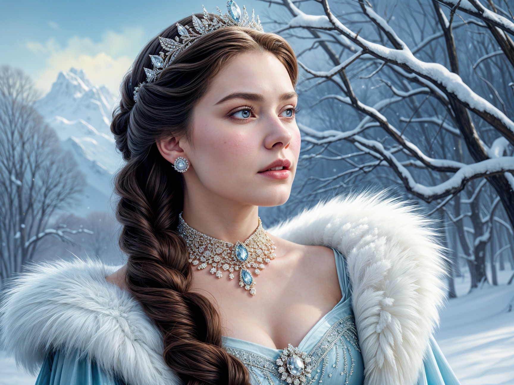 Elegant Young Woman in Icy-Blue Gown in Winter Scene