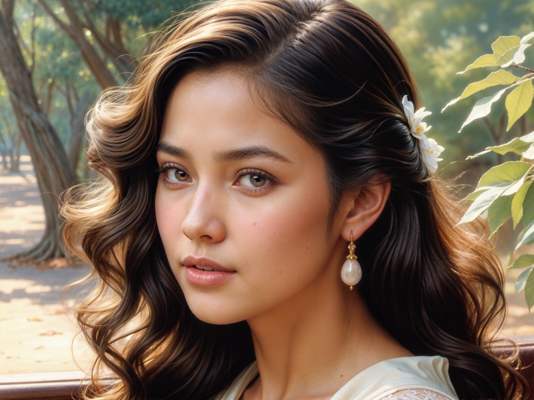 Young woman with glossy hair and pearl earrings