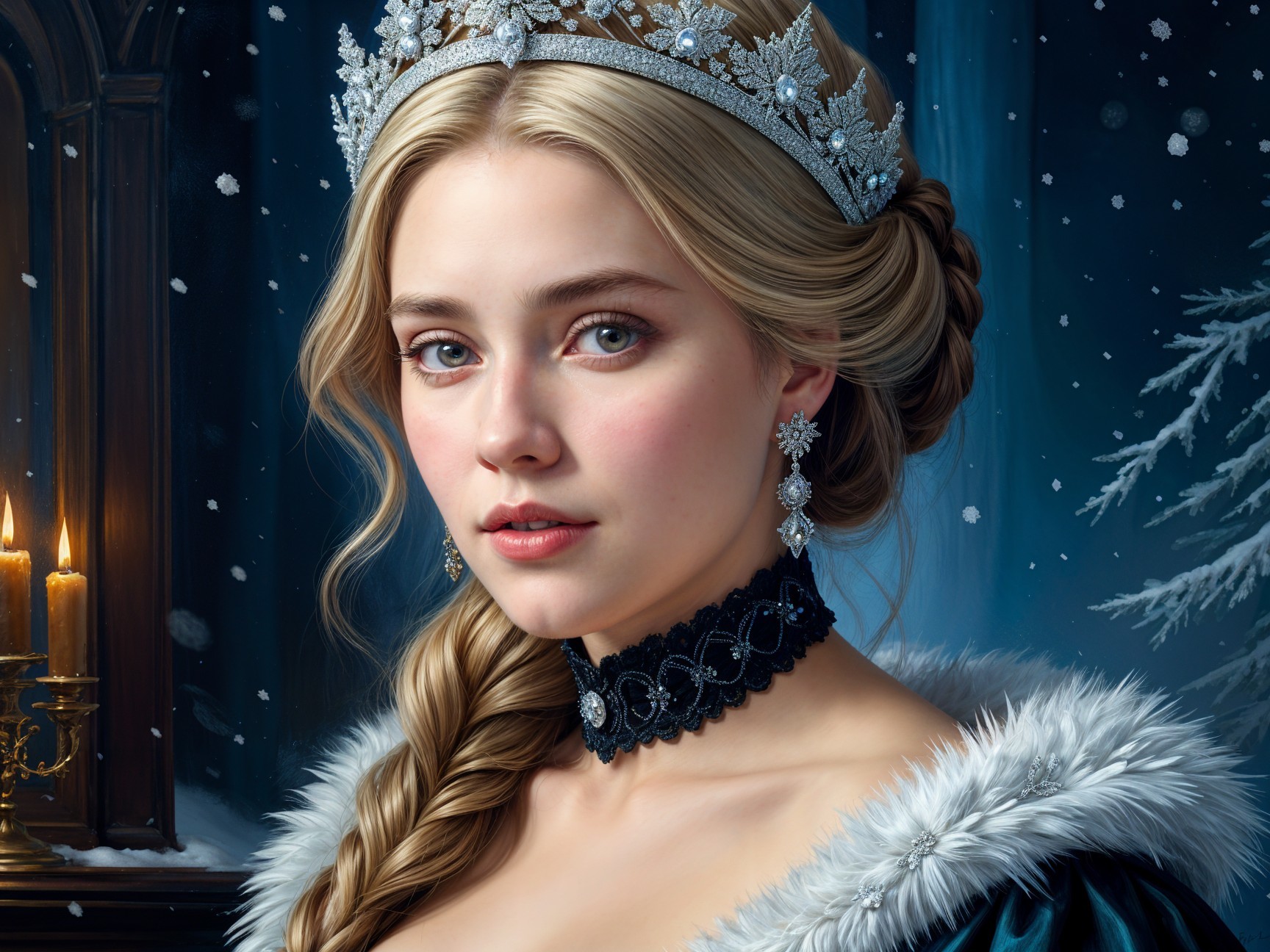 Elegant Woman in Blue Gown with Winter Background