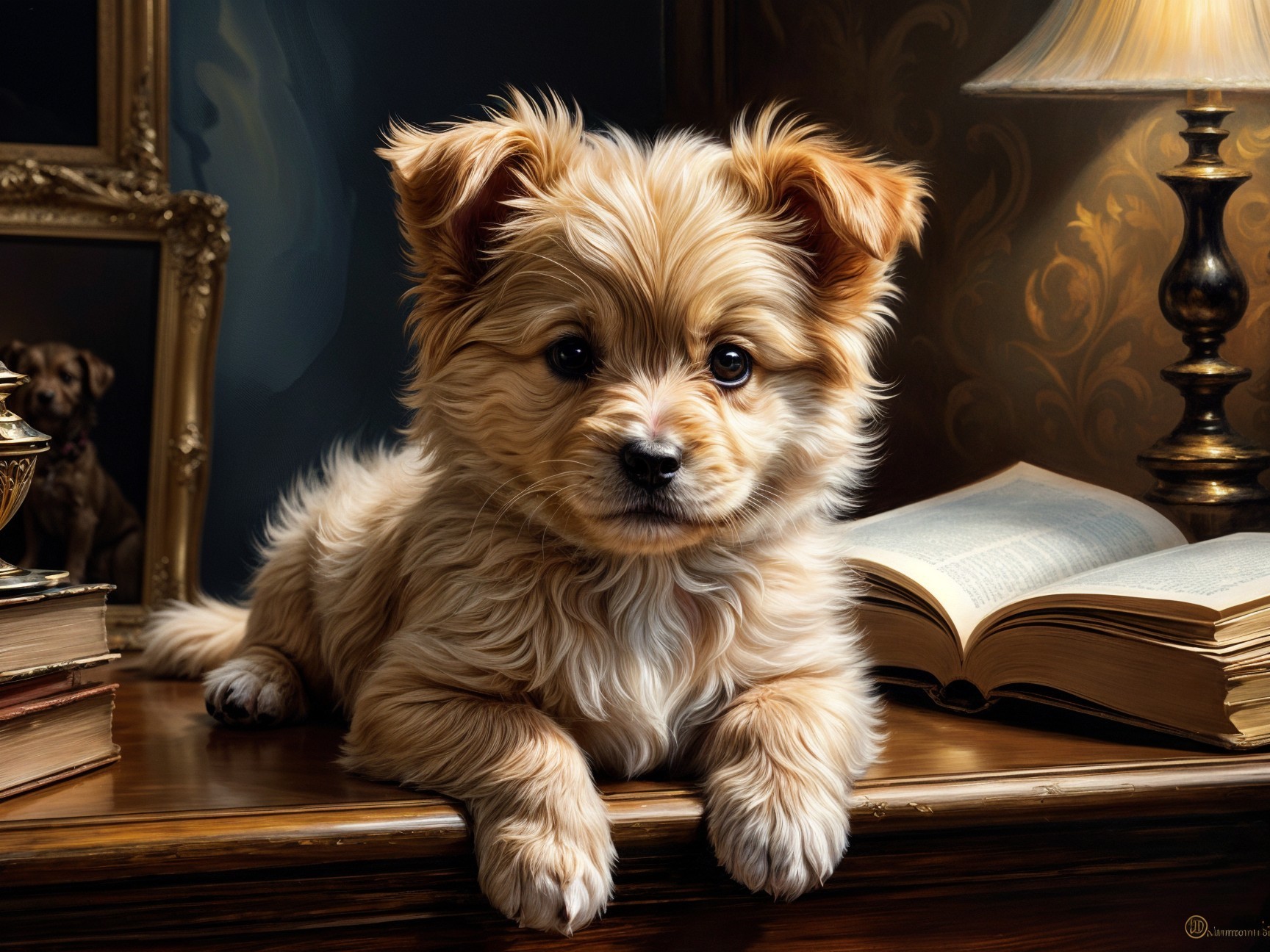Fluffy Golden Puppy on Table with Open Book and Decor