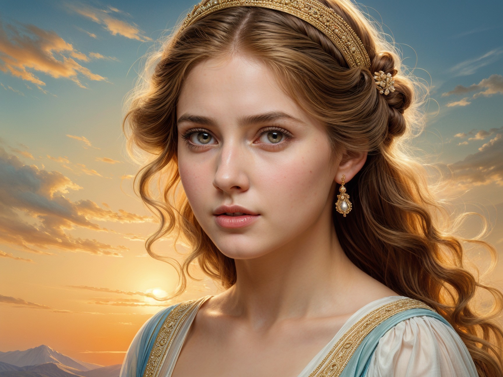 Young woman in blue gown against sunset backdrop