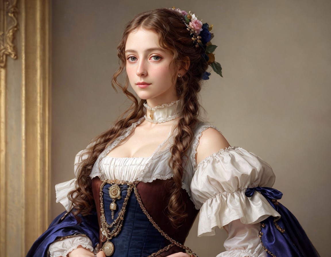 Historical costume featuring lace choker and jeweled bodice
