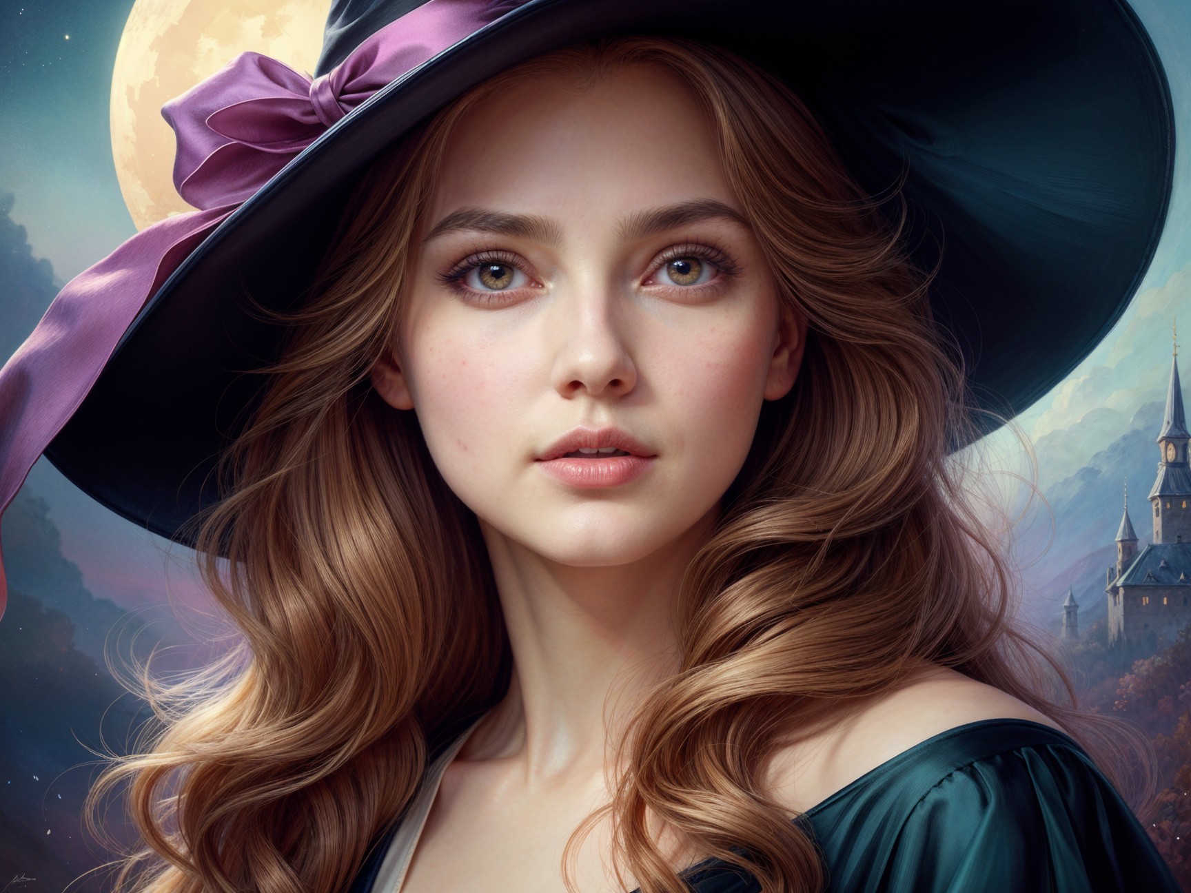 Young woman in black hat with moonlit castle backdrop