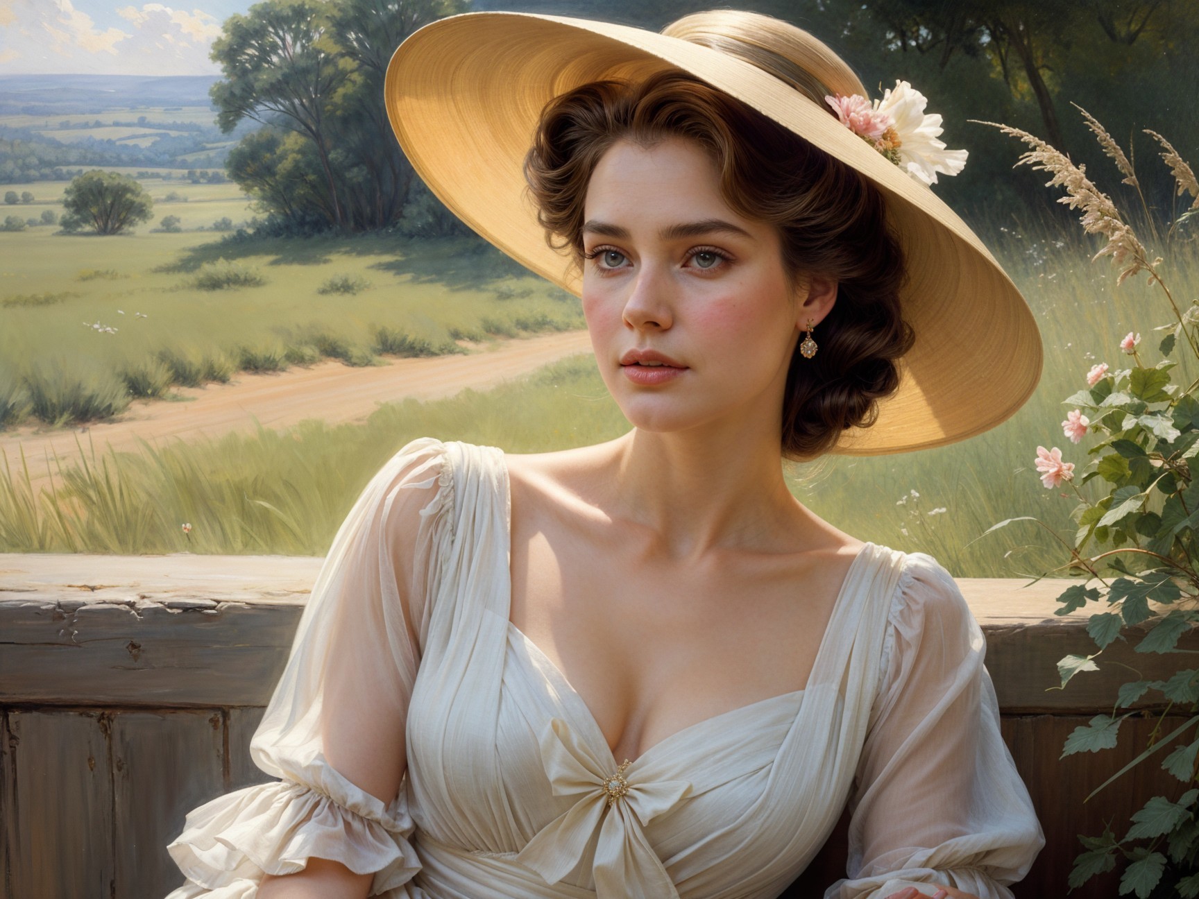 Young woman in elegant dress outdoors with serene backdrop