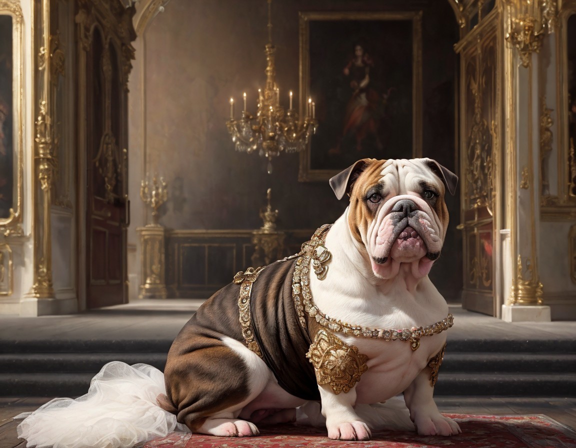 Regally Dressed Bulldog in Opulent Room