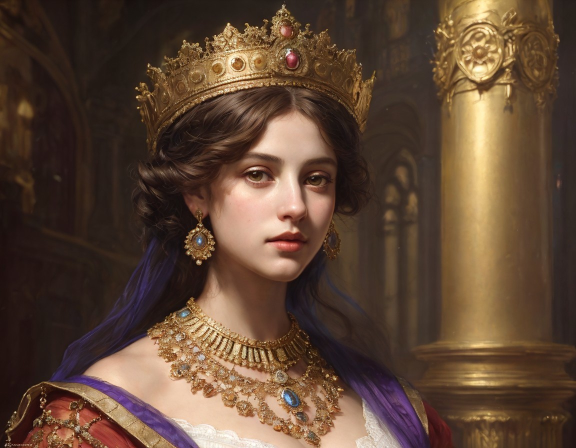 Regal Young Woman in Ornate Interior with Crown