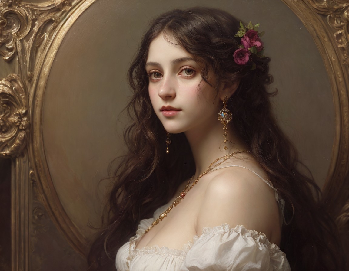 Portrait of Young Woman with Wavy Hair and Flowers in Oval Mirror