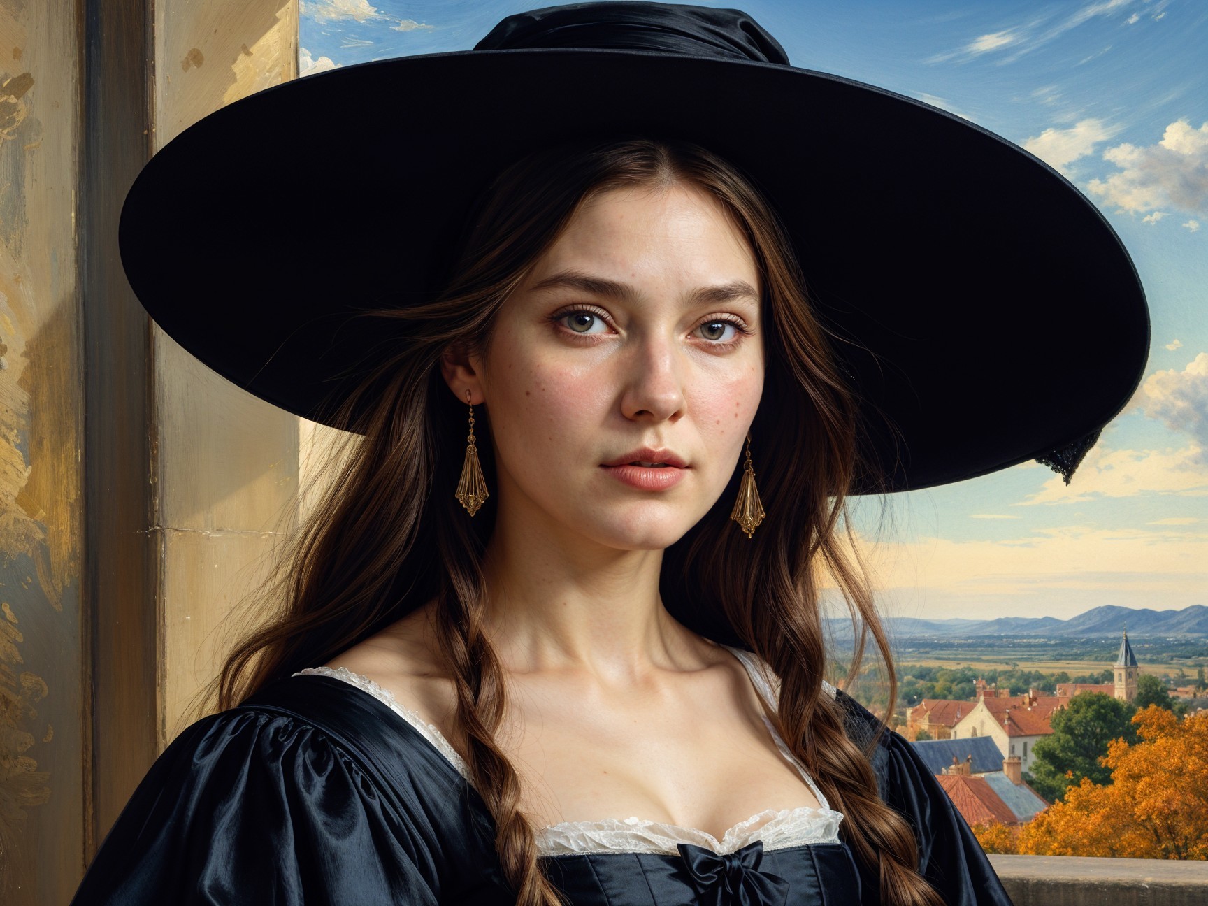 Young Woman in Black Hat Against Scenic Village Background