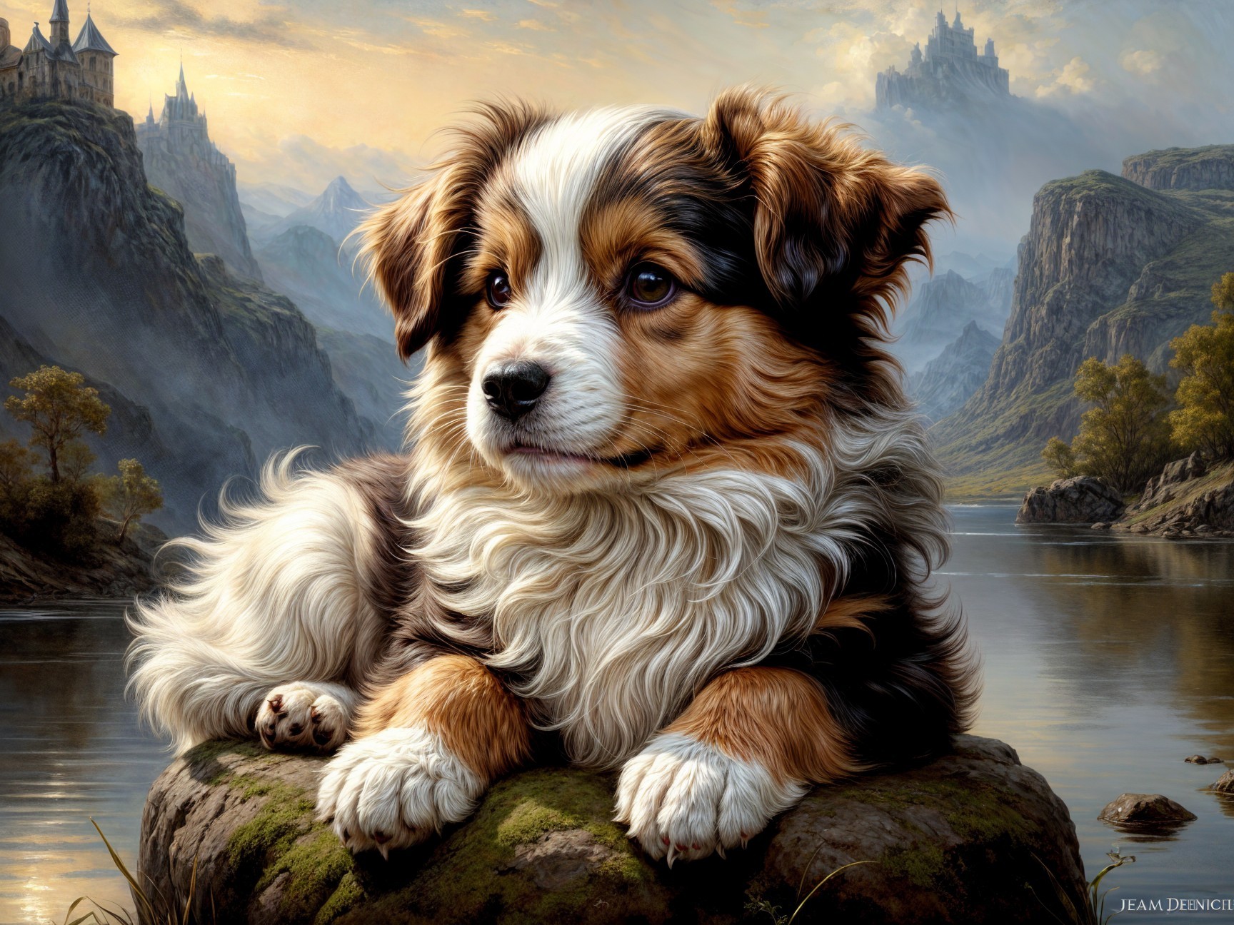 Fluffy Puppy on Mossy Rock by Serene River and Mountains