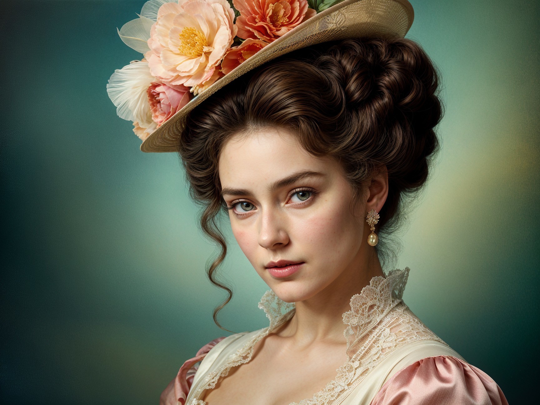 Young woman in vintage dress with floral hat