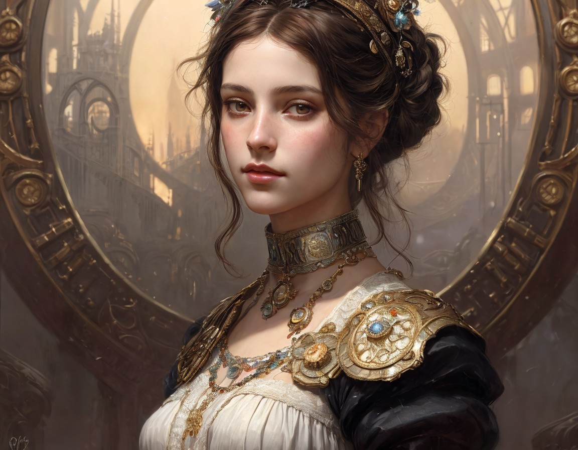 Young woman in elegant gown with ornate background