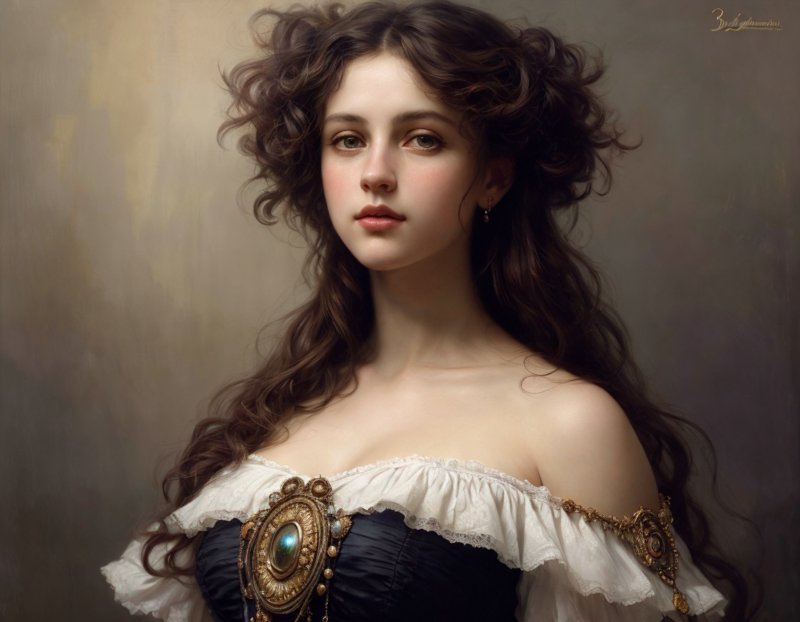 Painting of a Woman in Off-Shoulder Dress with Brooch