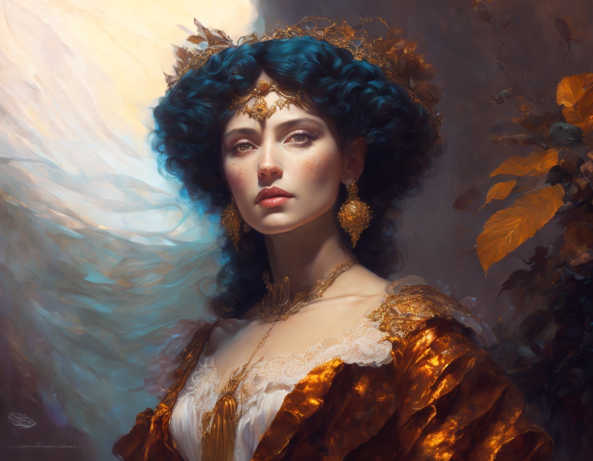 Elegant woman with blue curls and golden crown