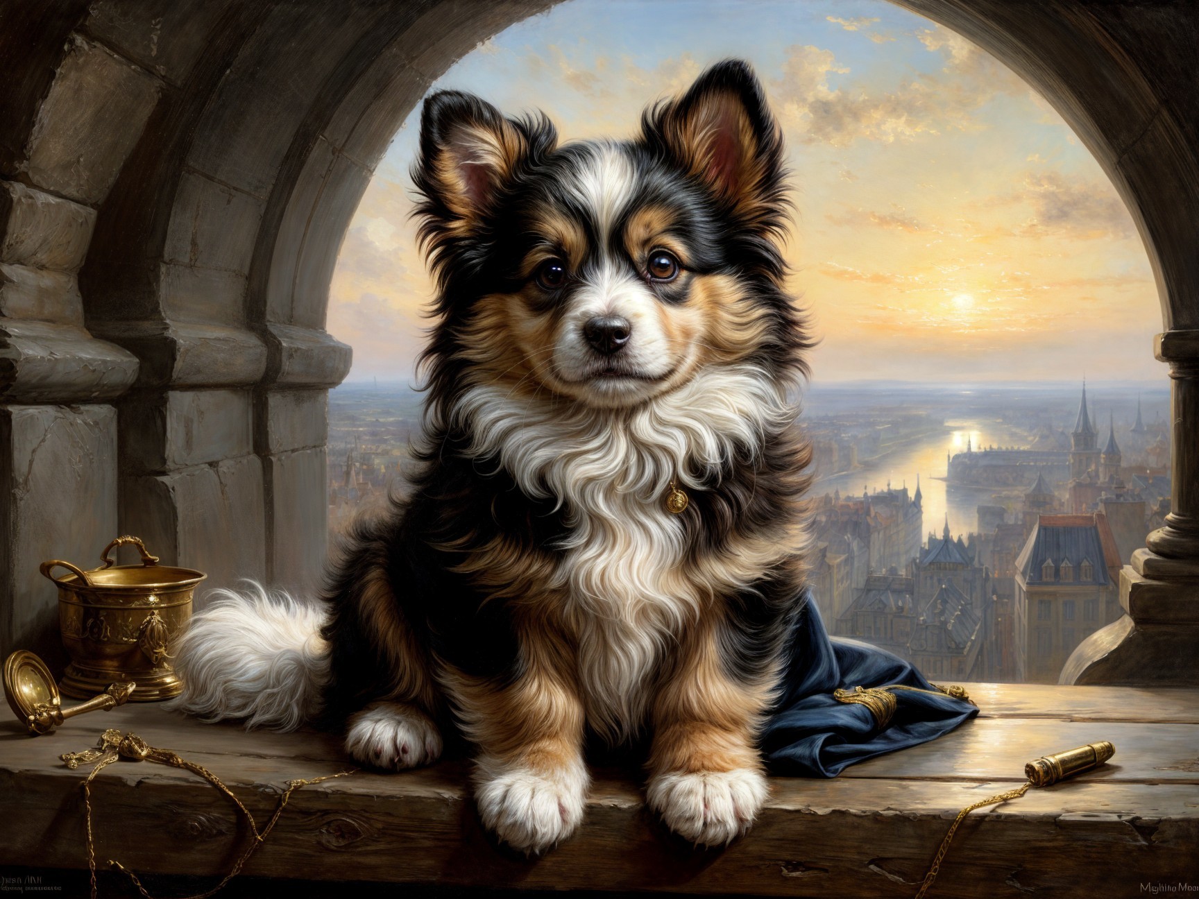 Charming Dog with Tri-Colored Coat at Sunset Scene
