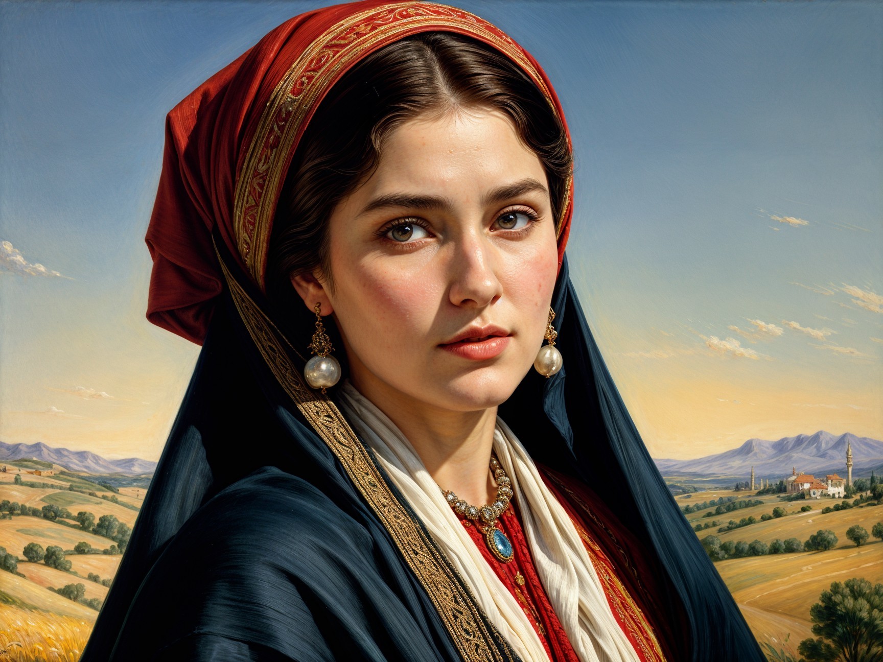 Young Woman in Traditional Attire Against Rural Landscape