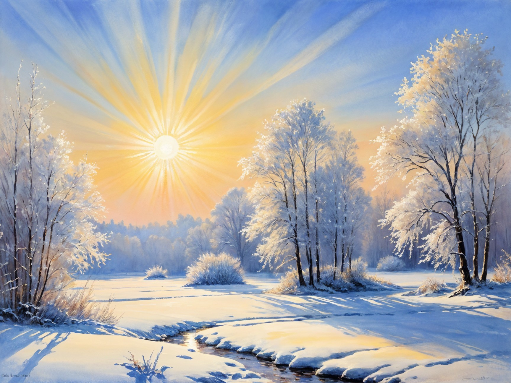 Serene Winter Landscape with Sunrise and Snowy Scene