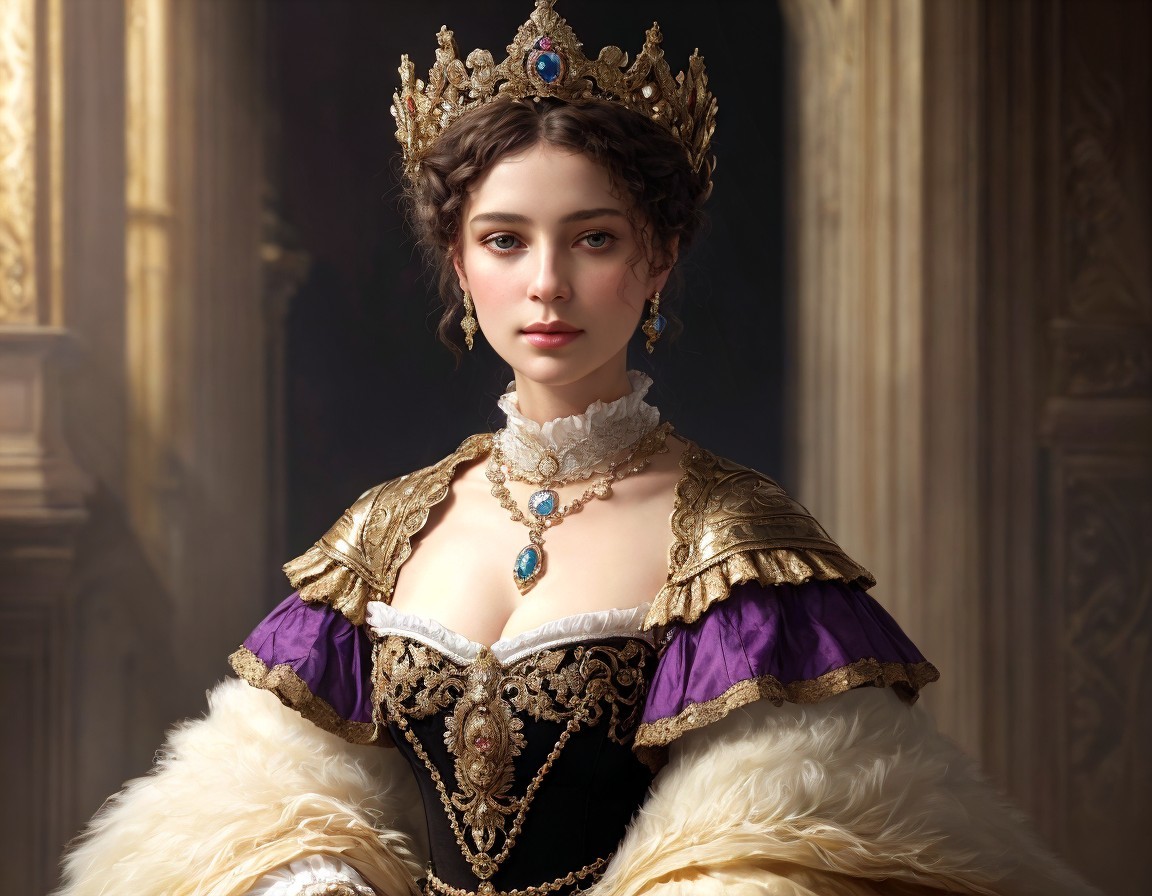 Regal woman in historical dress with crown, jewels, and fur accents