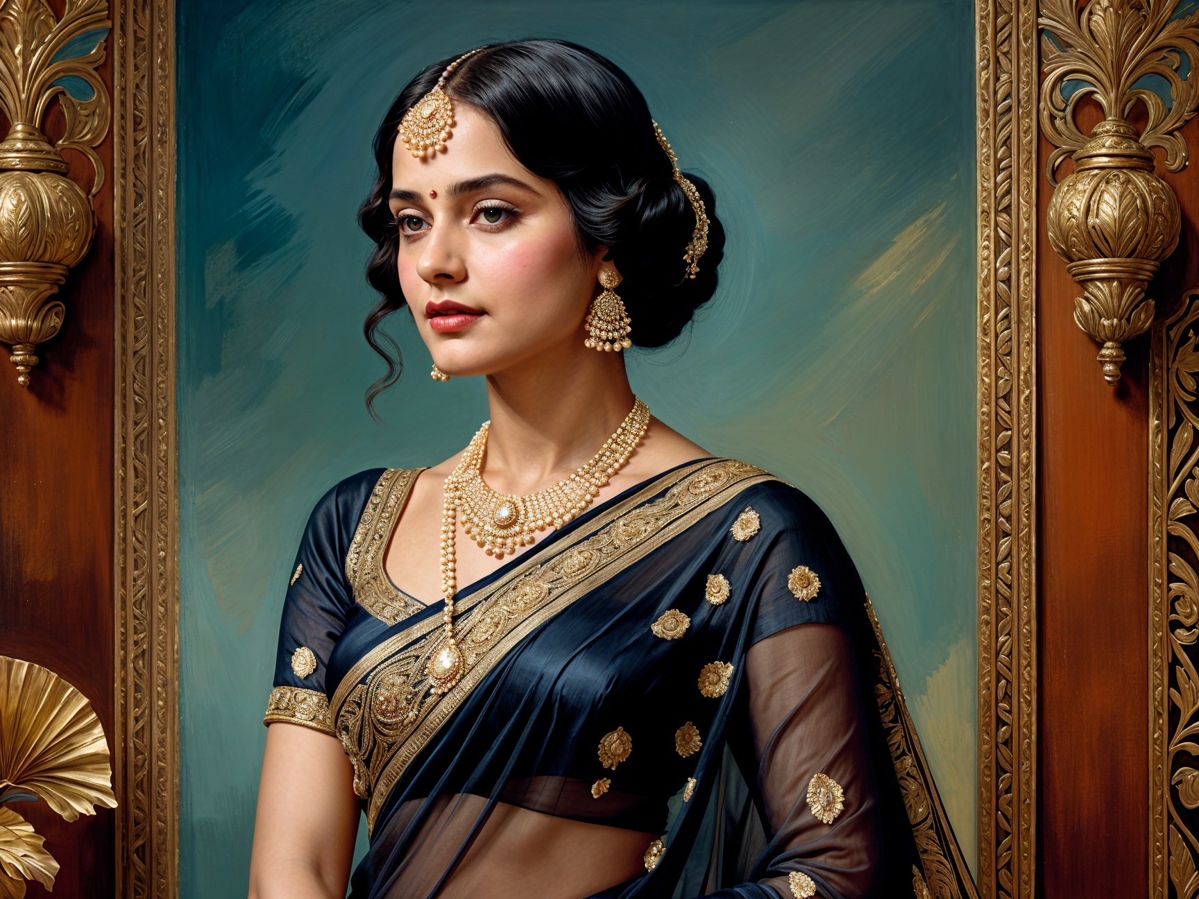 Elegant Black Saree with Gold Patterns and Jewelry