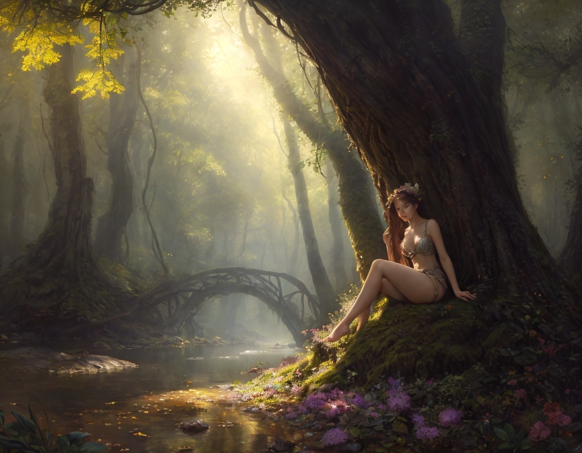 Woman sitting by stream in mystical forest with arch bridge