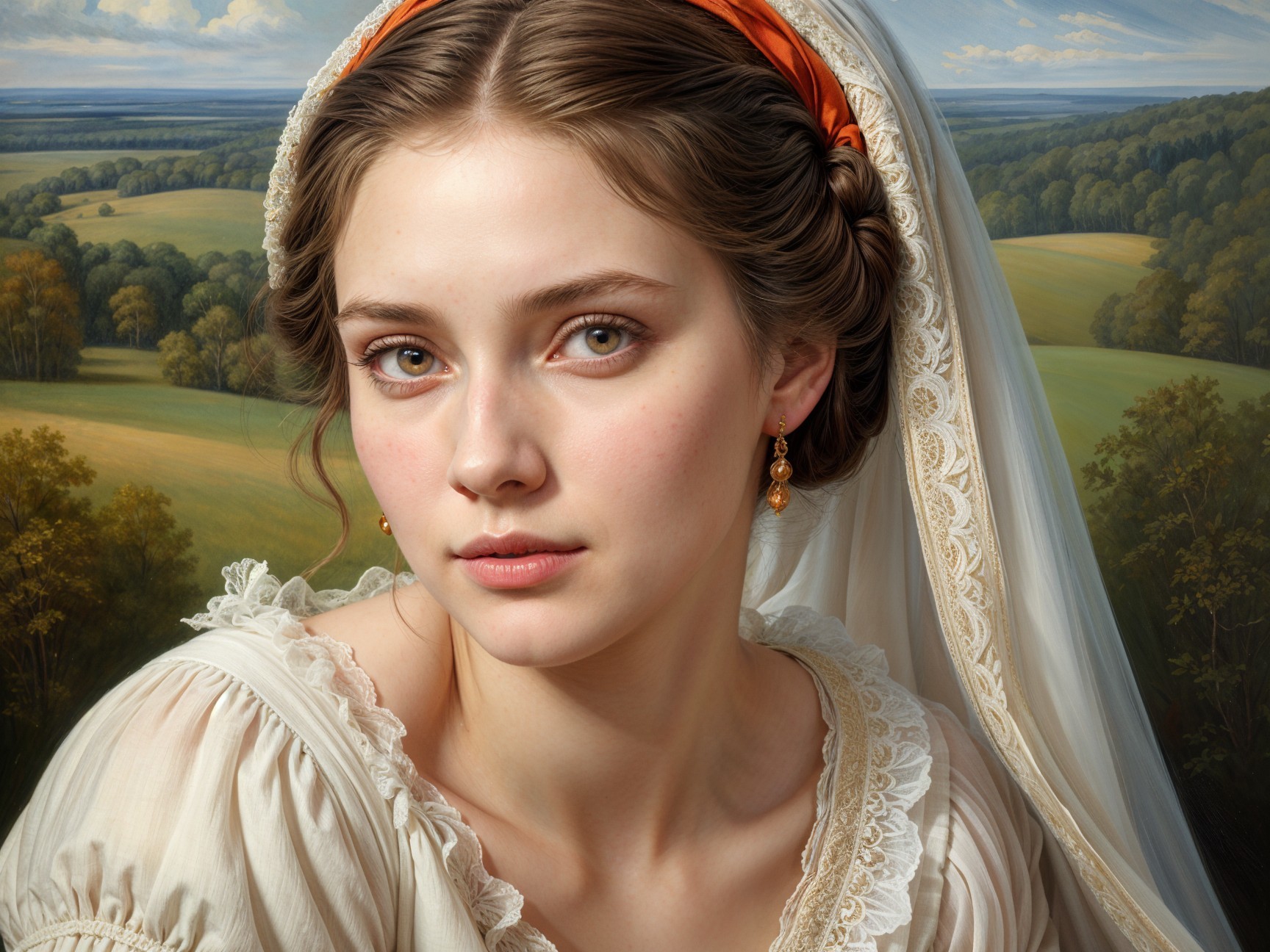 Young woman in light dress with serene landscape backdrop