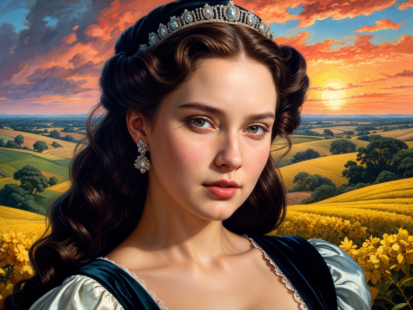 Young woman in elegant dress with sunset backdrop