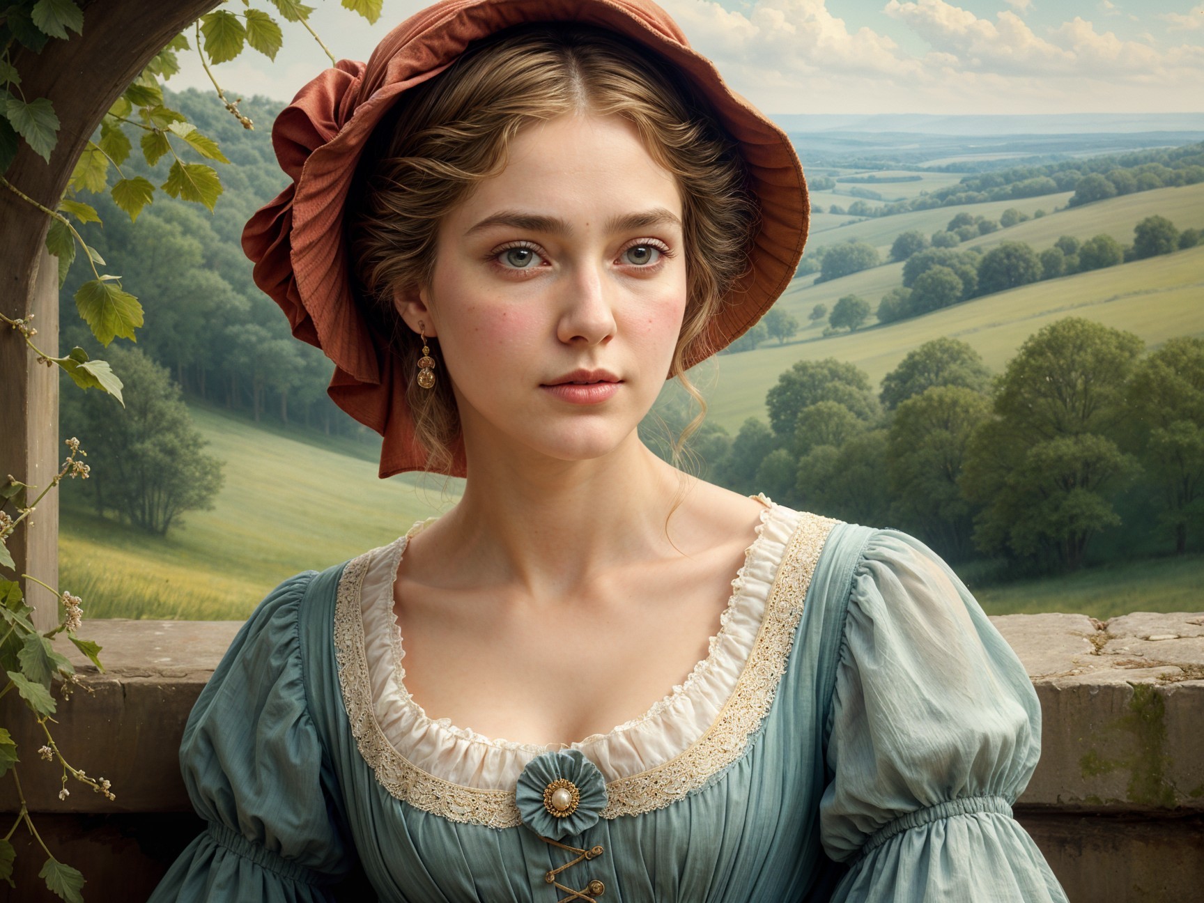 Young Woman in Blue Dress in Serene Landscape