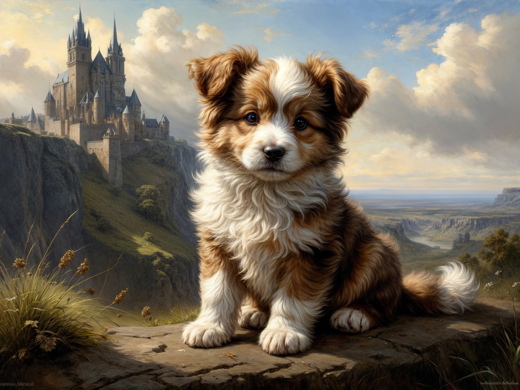 Fluffy Puppy on Rocky Ledge with Castle Background