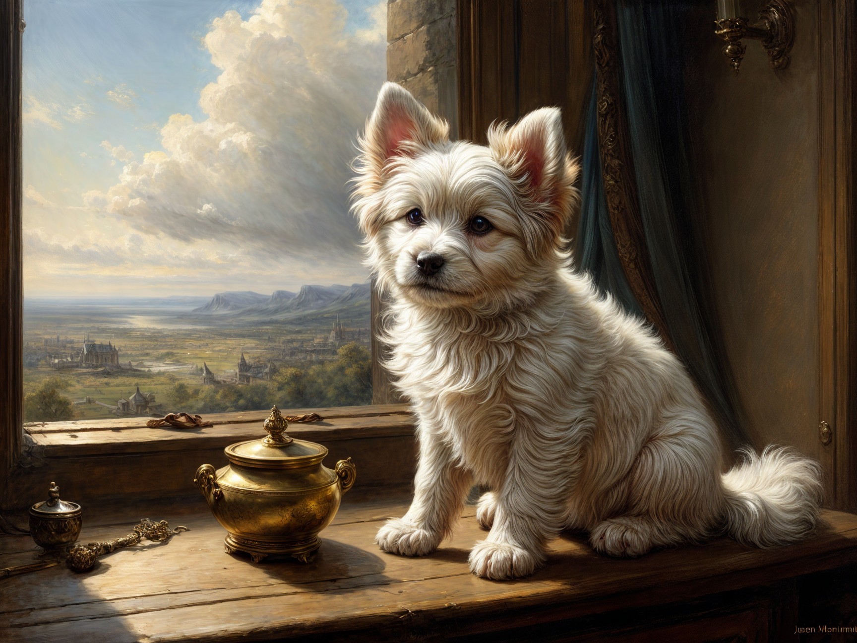Fluffy White Dog on Table with Scenic Background