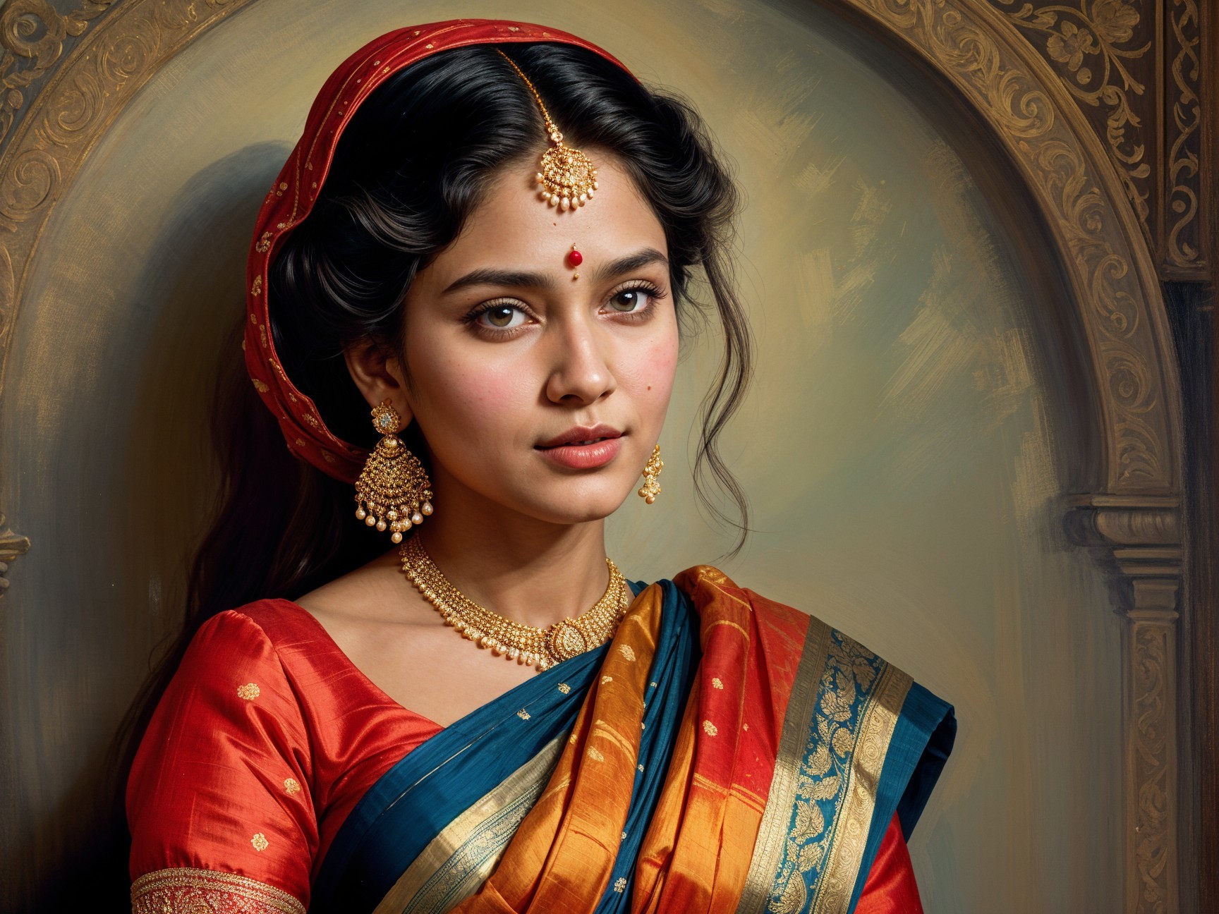 Young Woman in Traditional Saree with Gold Jewelry