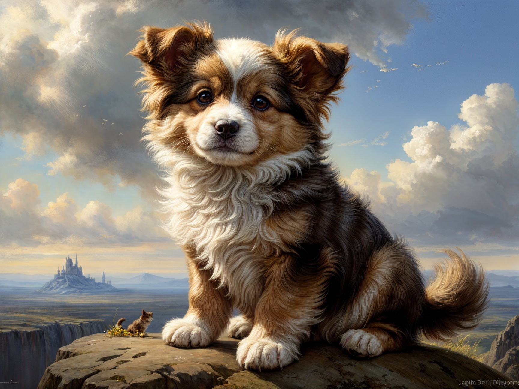 Puppy on Rocky Outcrop with Castle and Cat Background