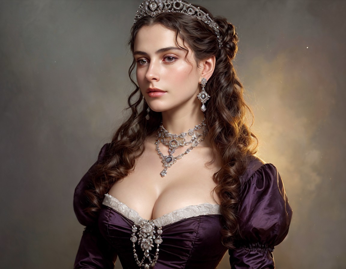 Victorian-style woman in purple dress with silver jewelry and updo