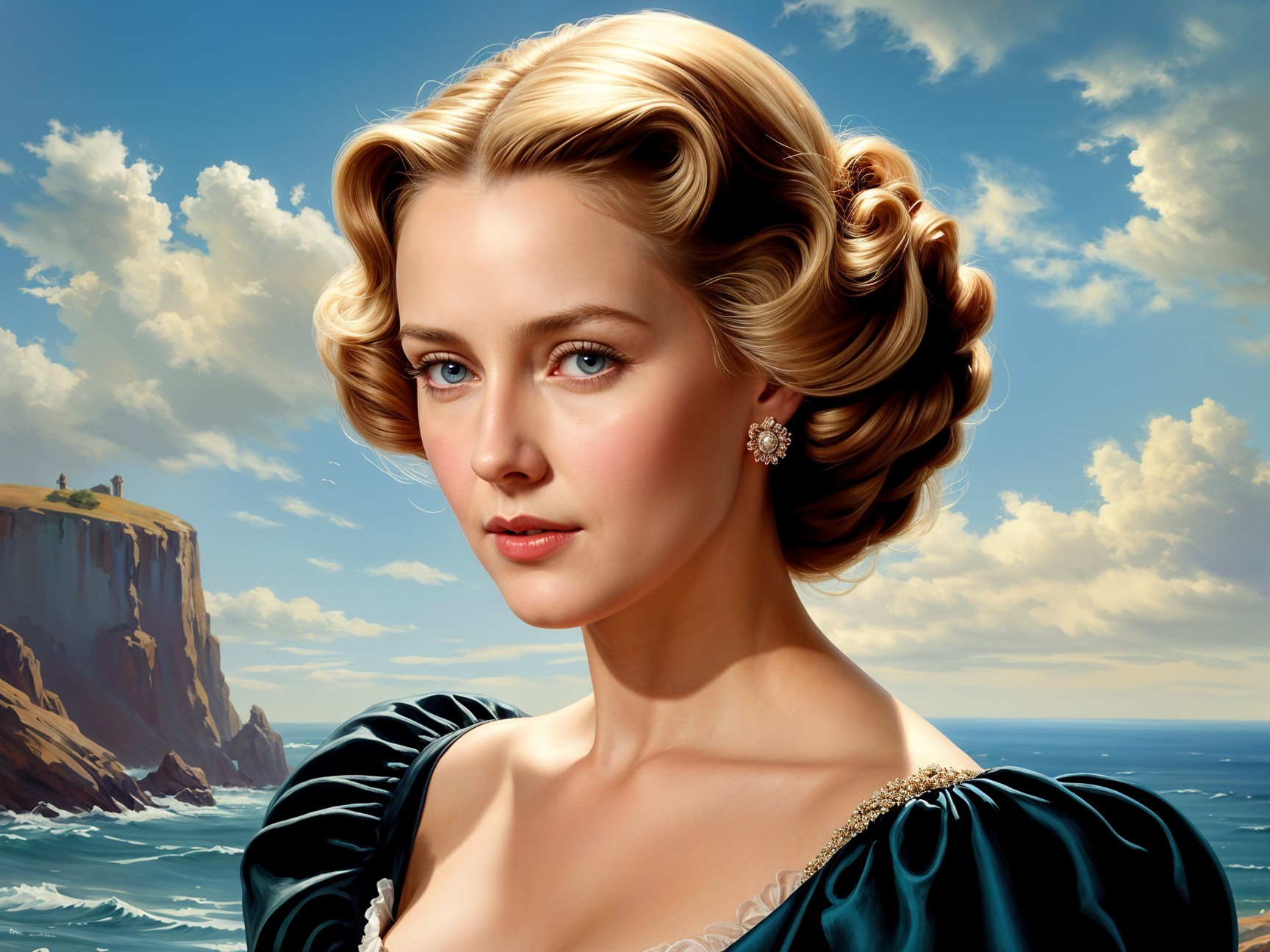 Vintage Hairstyle Woman Against Coastal Backdrop