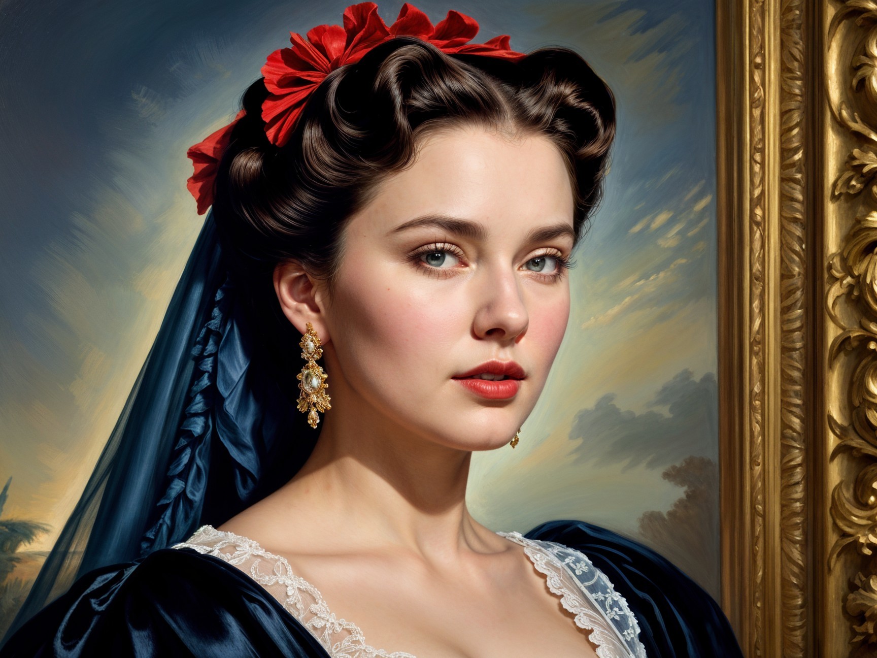 Elegant Historical Dress with Dark Blue Veil and Ribbon