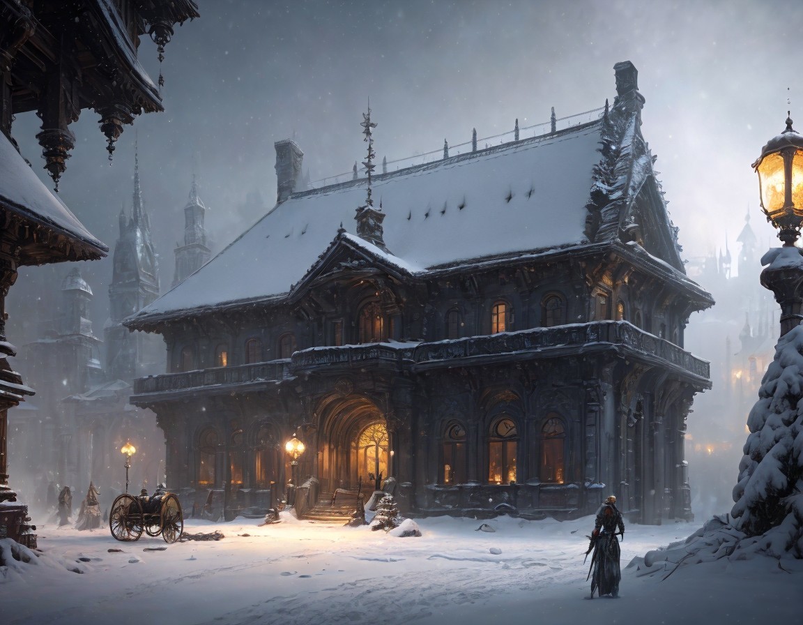 Victorian Mansion at Night in Winter with Snowfall