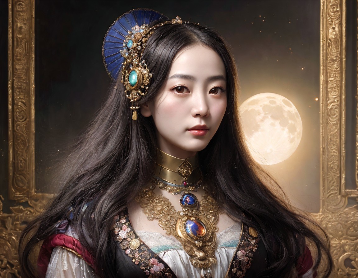 Woman in Jewelry with Moon Backdrop and Golden Frame