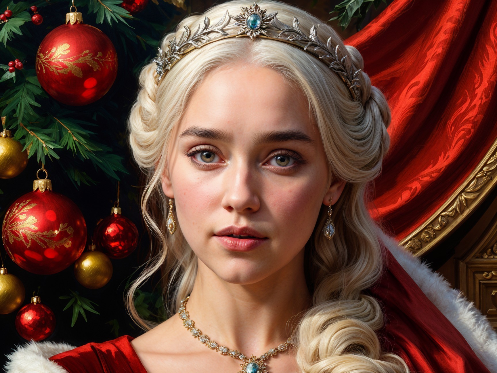 Regal Young Woman in Red Gown with Holiday Decor