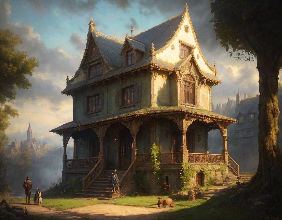 Old house with wooden details in serene landscape