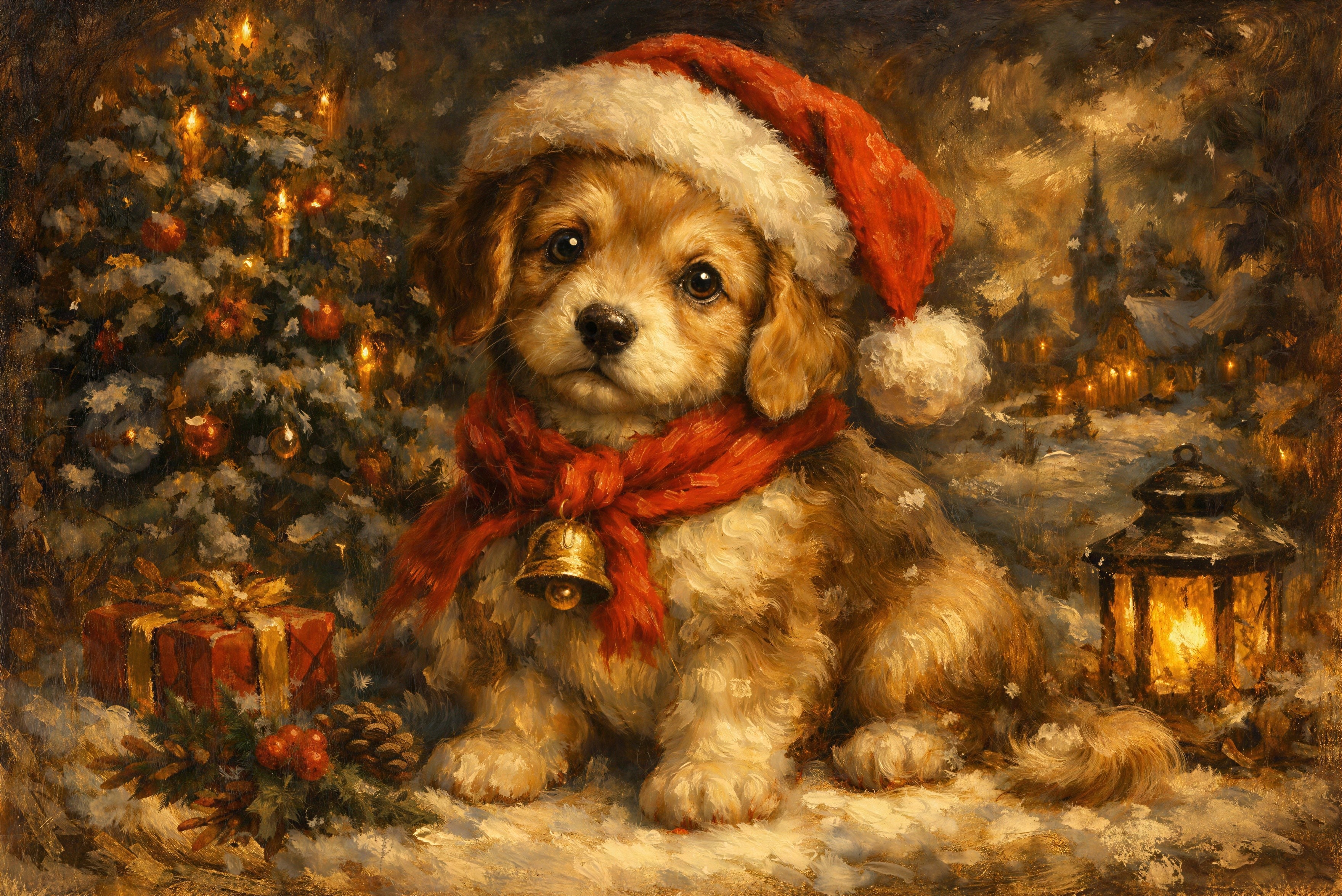 Oil Painting of Puppy in Snow with Christmas Scene