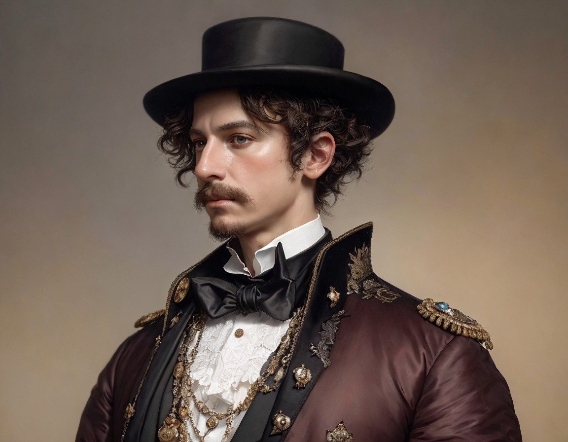 Young man in formal embroidered coat and tall hat