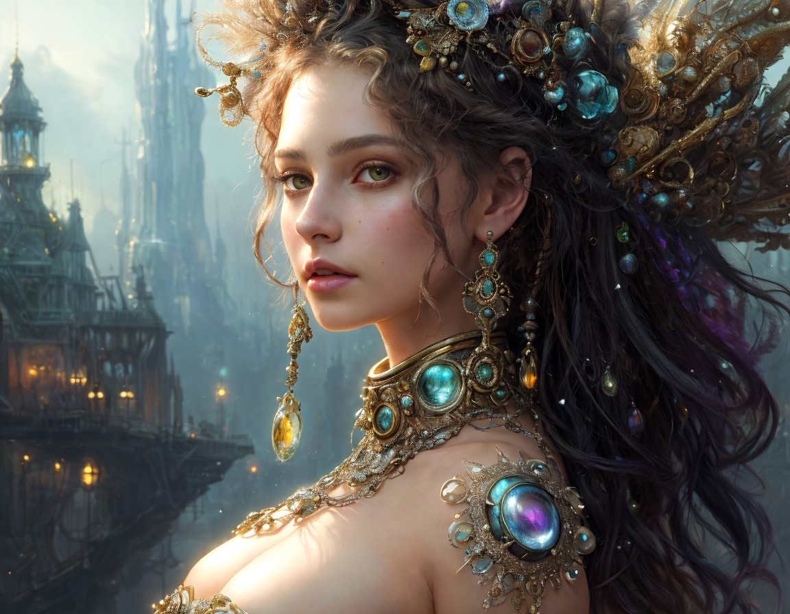 Fantasy Portrait of Woman with Golden Jewelry and City