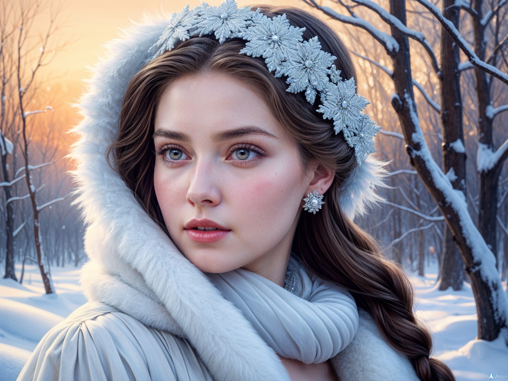 Young woman in serene winter landscape with sunset glow