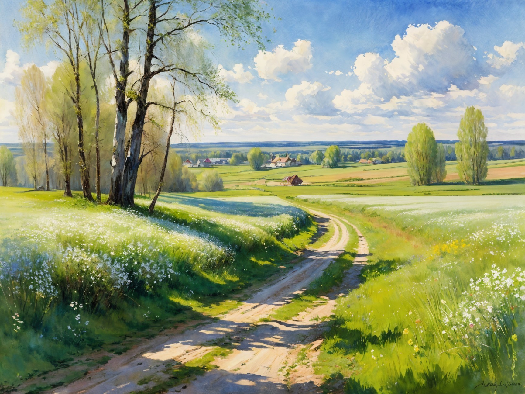 Serene Countryside Scene with Vibrant Wildflower Fields