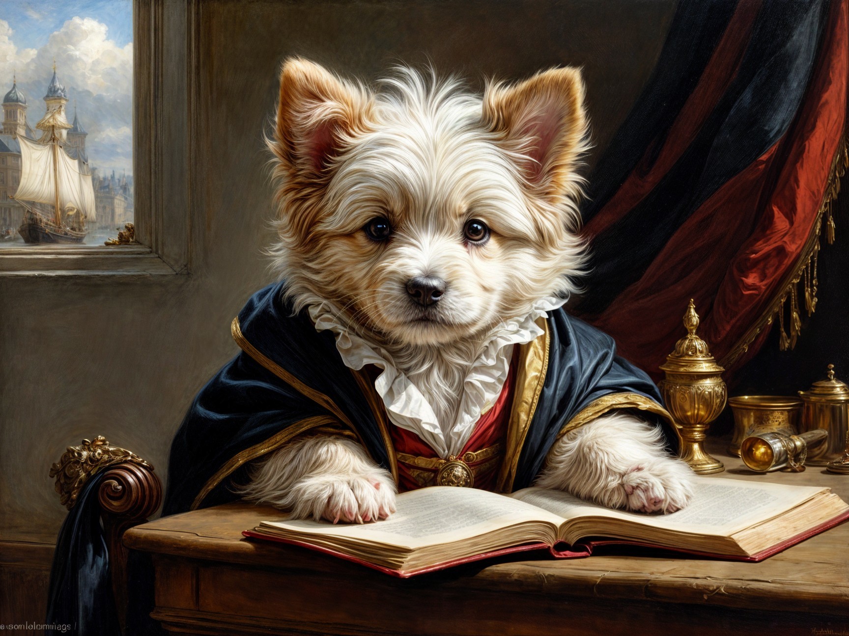 Elegantly Dressed Dog at Wooden Desk with Book