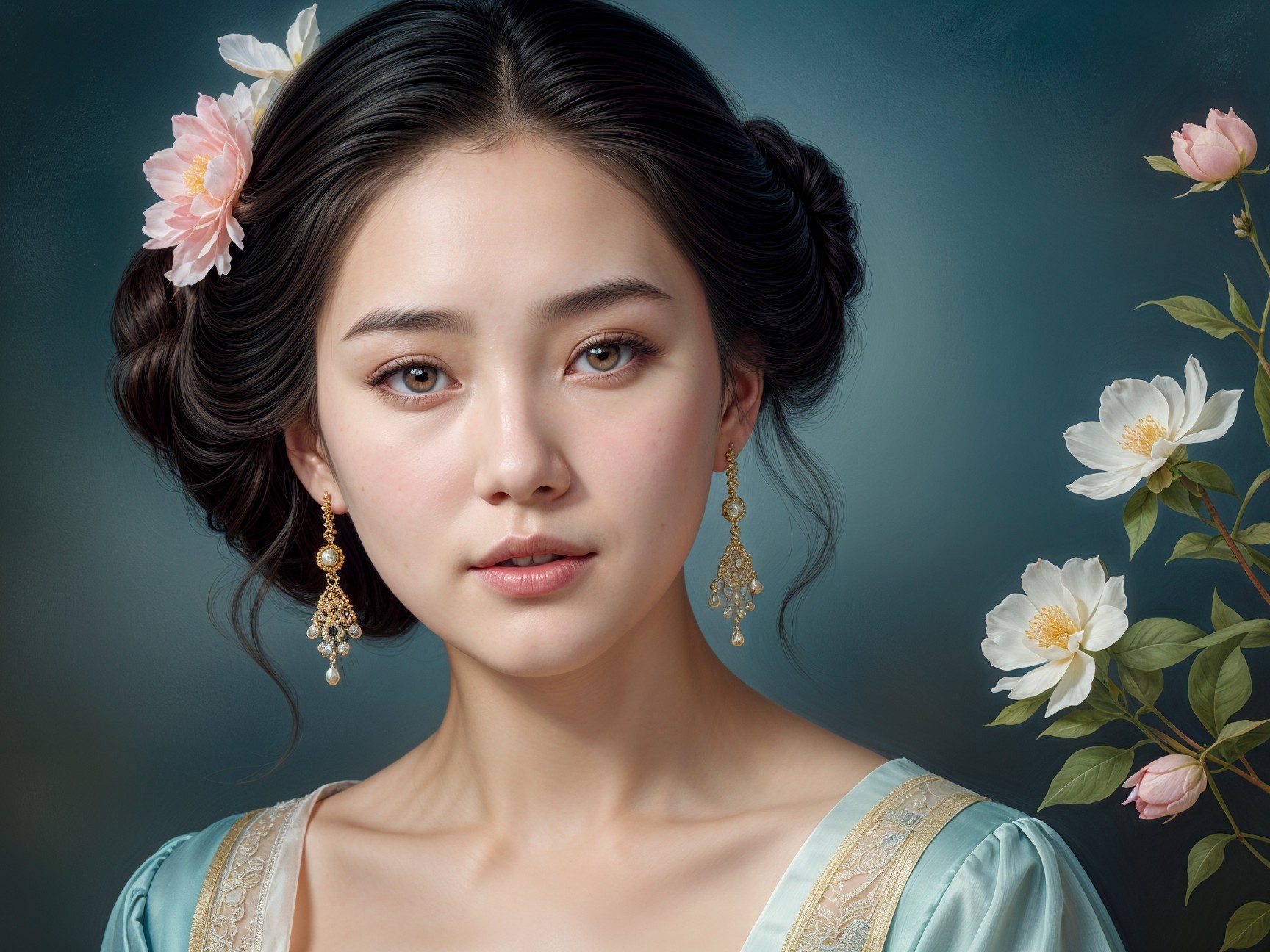 Portrait of a Young Woman with Floral Accents