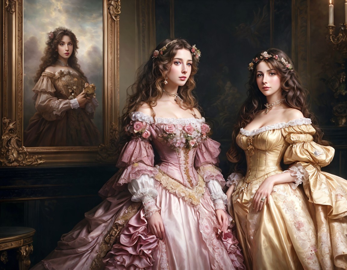 Elegant historical dresses with floral adornments on three women