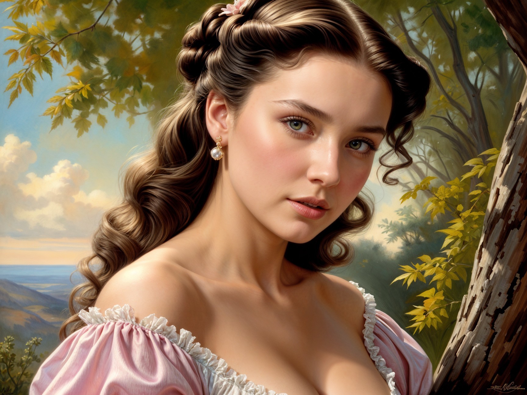 Young Woman in Pink Dress Amidst Serene Landscape